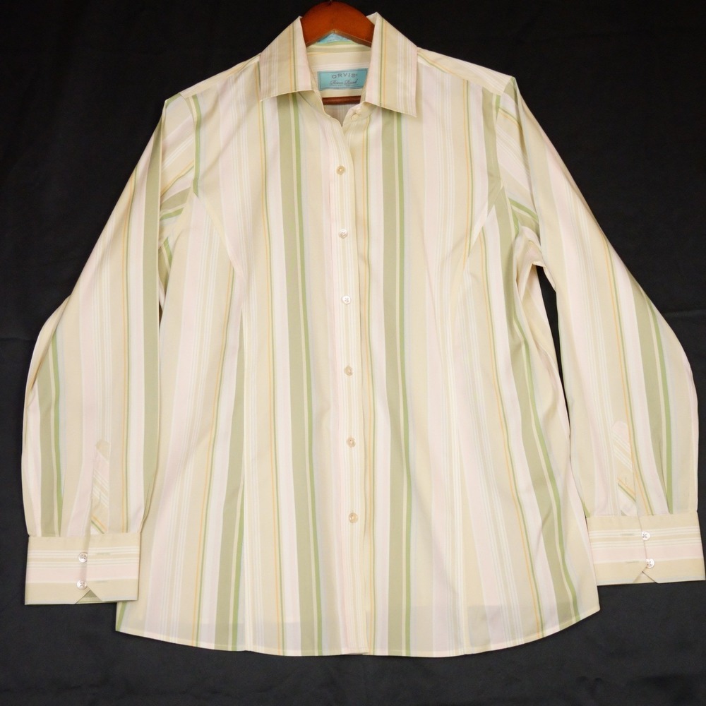 Orvis River Road Shirt Mens 18 Green Striped Wrinkle Free Cotton Silk Blend